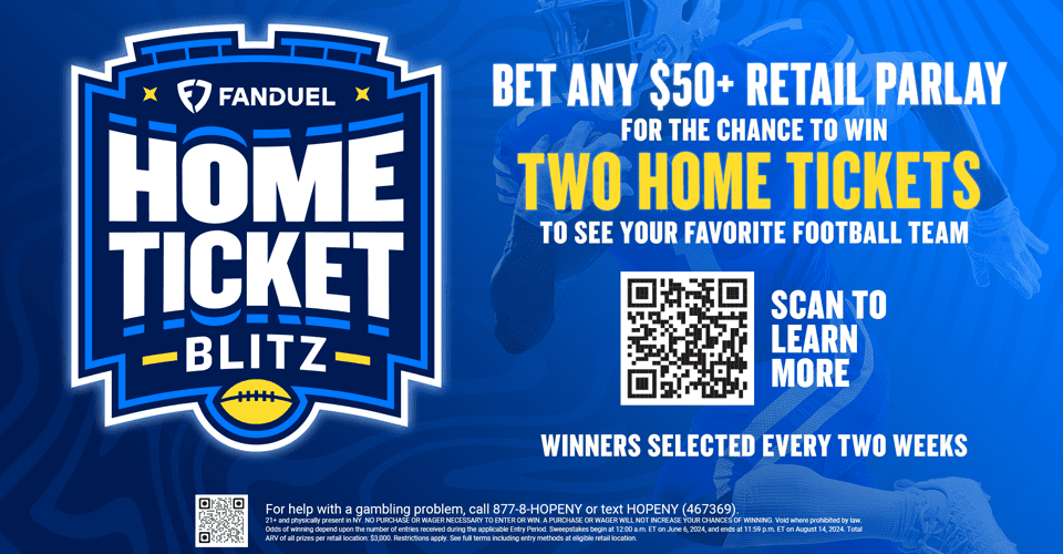 FanDuel promotion for the chance to win two home football tickets by betting a $50+ retail parlay. Includes QR code for more info. Winners selected every two weeks.
