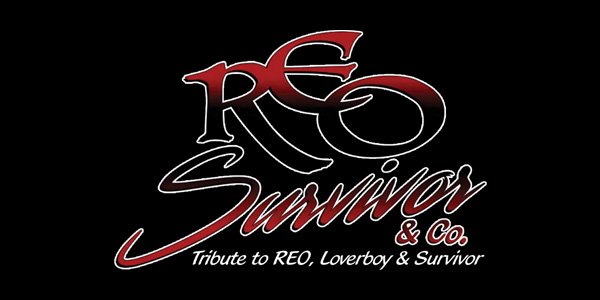 Logo with stylized text: “REO Survivor & Co. Tribute to REO, Loverboy & Survivor” on a black background.