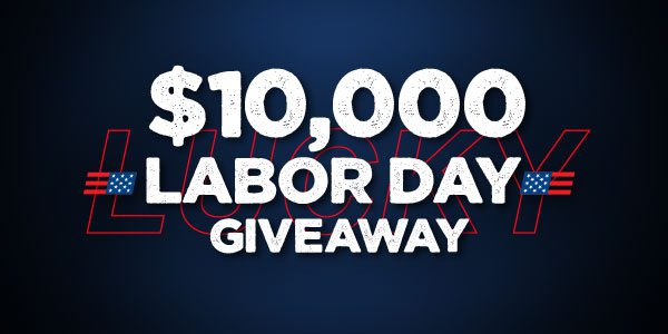 $10,000 Labor Day Giveaway" text on a dark blue background with red and white graphic elements, including small American flag designs.