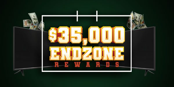 Image of a promotional graphic for "$35,000 Endzone Rewards" featuring two large flat-screen TVs and cash.