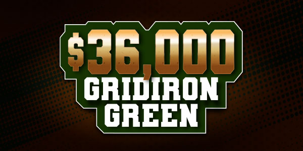 Text reads “$36,000 Gridiron Green” in bold gold and white letters on a dark background with a dotted pattern.