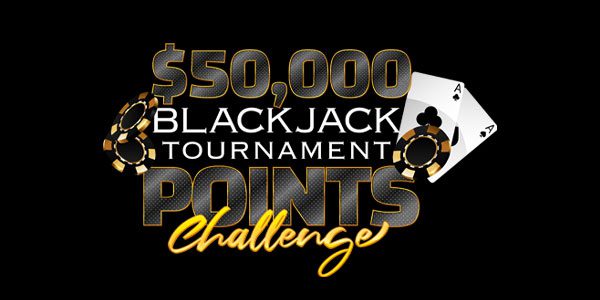 Image of a promotional graphic for a $50,000 Blackjack Tournament Points Challenge featuring two aces and poker chips.