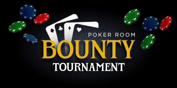 Poker chips and four playing cards with text: “Poker Room Bounty Tournament” on a black background.