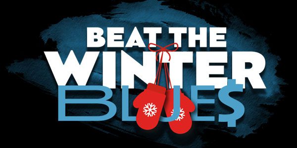 Text reads "Beat the Winter Blues" with two red mittens hanging on the letters.