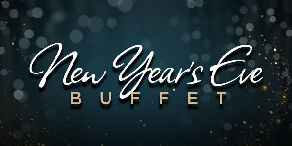 Text reads "New Year's Eve Buffet" against a dark background with gold and white bokeh lights.