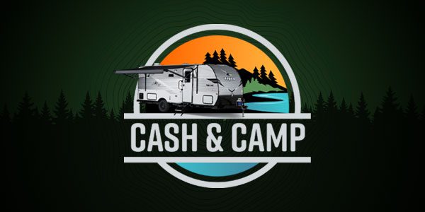Illustration of a camper trailer in front of a colorful sunset with trees, river, and the words “Cash & Camp” on a dark background.