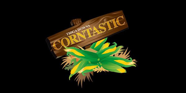 A corn stalk with leaves and a sign that reads " corntastic ".