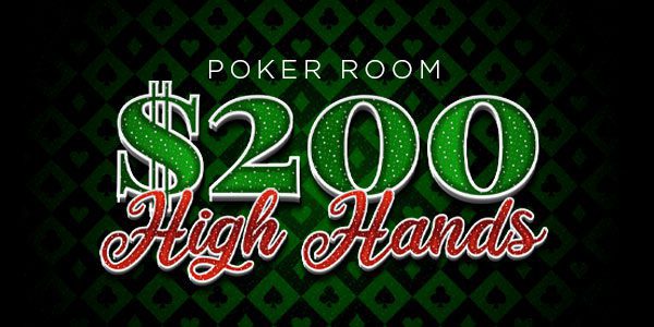 Green and red poker room sign with $200 high hands text on a patterned background.