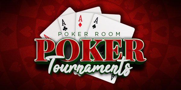 Poker tournament graphic featuring four aces on a red background with the text "POKER ROOM POKER Tournaments.