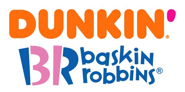 Logos of Dunkin' and Baskin Robbins, with Dunkin' in orange uppercase text and Baskin Robbins in blue and pink stylized text.