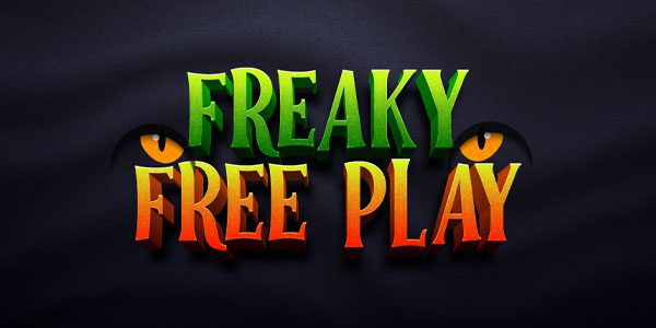 Text "Freaky Free Play" in stylized green and orange lettering, with yellow-eyed monster eyes in the background on a dark backdrop.