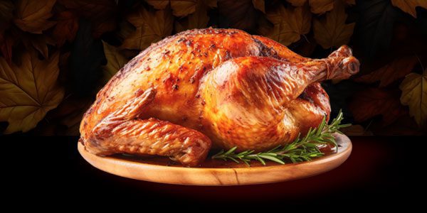 A roasted turkey on a wooden platter garnished with rosemary, set against a dark background with autumn leaves.