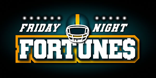 Logo reading “Friday Night Fortunes” with a football helmet and stadium lights on a dark background.