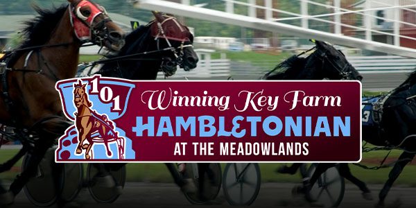 Three harness racing horses on a track behind a sign that reads "101 Winning Key Farm Hambletonian at the Meadowlands.