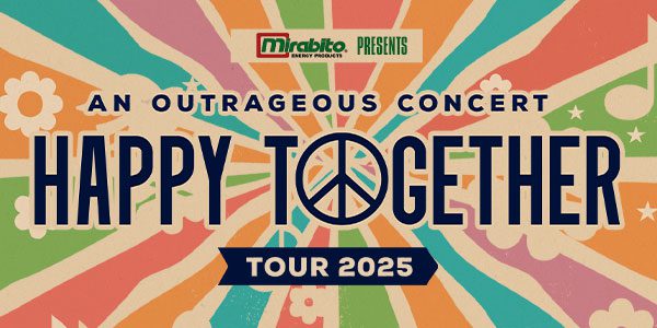 Happy Together Tour 2025 promotional poster with colorful, retro background, peace symbol as the "O" in "Together," and bold headline text.