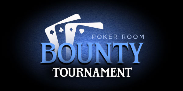 Poker Room Bounty Tournament text with three playing cards (spade, club, heart) shown above the words on a dark blue background.