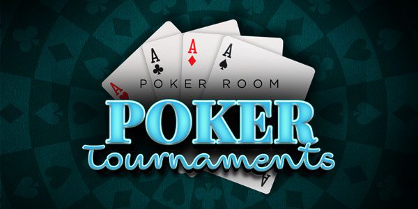 Four playing cards showing three aces with the text "Poker Room Poker Tournaments" written over them on a patterned background with card suit symbols.