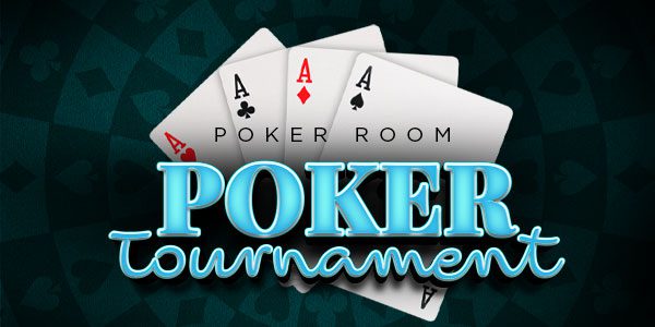 Four aces playing cards with the words "Poker Room Poker Tournament" displayed in bold blue and white text.