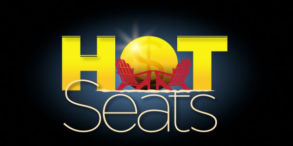 The words "Hot Seats" with a sun, two red outdoor chairs, and a dollar sign inside the letter "O" against a dark background.