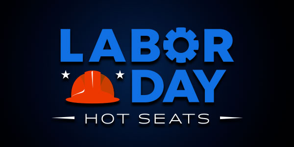 Labor Day Hot Seats graphic with bold blue text, a red construction helmet, white stars, and a gear replacing the “O” in “Labor.”.