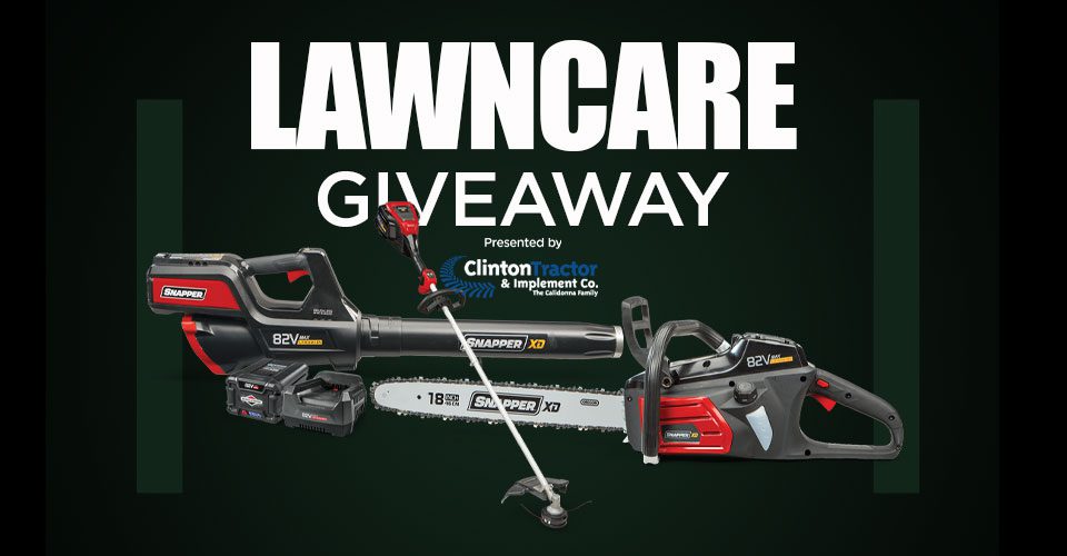 Lawncare Giveaway promotion featuring Snapper 82V lawn tools, including a leaf blower, string trimmer, and chainsaw, presented by Clinton Tractor & Implement Co.