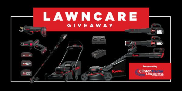 A selection of Kress lawncare tools and equipment is displayed on a black background with "Lawncare Giveaway" text and the Clinton Tractor & Implement Co. logo.