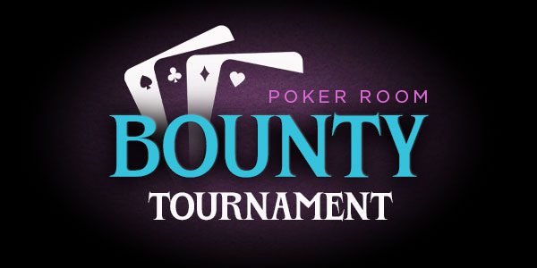 Logo for a poker room bounty tournament featuring three playing cards on a dark background with bold, colorful text.
