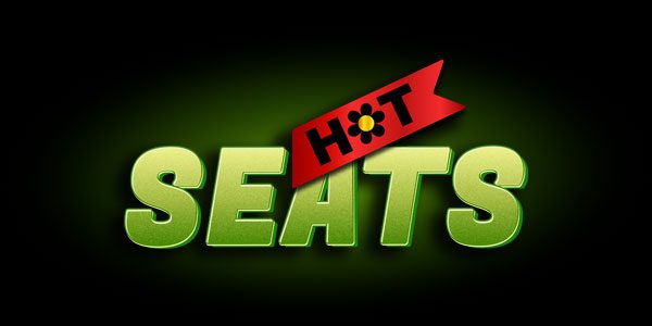 Logo with the word "SEATS" in large green letters, and a red banner above displaying the word "HOT" with a flower replacing the letter "O.