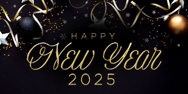 Festive New Year 2025 image with black and gold ornaments, stars, and confetti on a dark background.