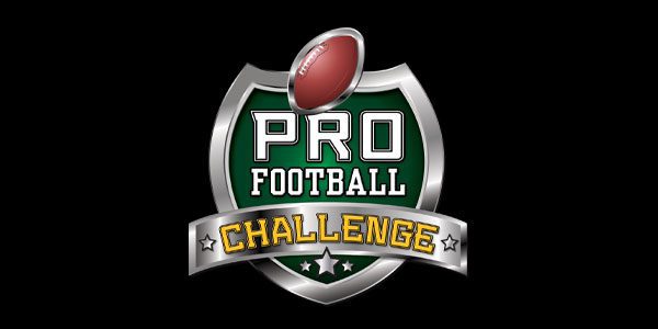 Logo of "Pro Football Challenge" featuring a green shield with a football at the top and a silver banner at the bottom. A white star is centered below the banner.