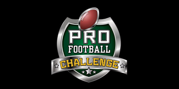 A football with laces faces forward above a green and silver shield labeled “Pro Football Challenge” in bold white and yellow text on a black background.