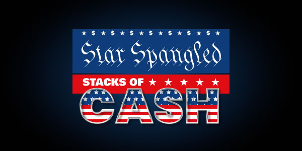 Logo with the words "Star Spangled Stacks of Cash" in patriotic colors and stars, with "CASH" styled in an American flag pattern.
