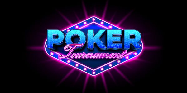 Neon sign with the words “Poker Tournament” in blue and pink lights on a black background, surrounded by glowing bulbs.