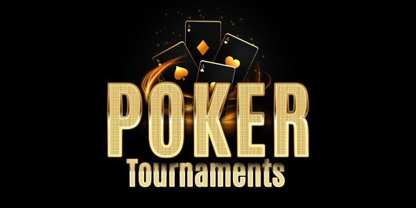 The image features four playing cards above large gold text reading "POKER Tournaments" on a black background with swirling light effects.