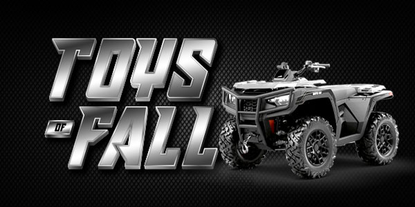 Metallic “Toys of Fall” text beside a black four-wheeler ATV on a dark textured background.