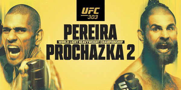 Promotional image for UFC 303 featuring fighters Pereira and Prochazka in a World Light Heavyweight Championship match. Both fighters are shown with intense expressions and raised fists.