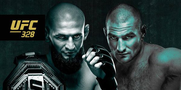 Two male MMA fighters pose face to face, one holding a championship belt, with the UFC 328 logo displayed on the left side.