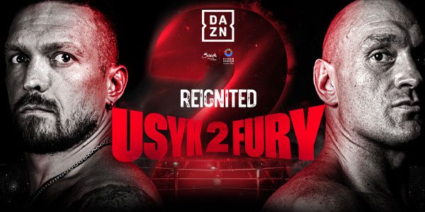 Promotional image for DAZN event titled "Reignited Usyk vs Fury 2" featuring two boxers with intense expressions, set against a dark background.