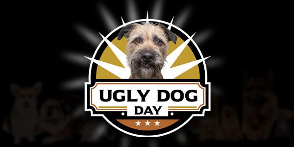Logo for "Ugly Dog Day" featuring a scruffy dog in the center, surrounded by a circular badge with rays and silhouettes of other dogs in the background.