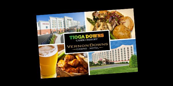 Collage of Tioga Downs Casino Resort and Vernon Downs Casino Hotel, featuring food, a glass of beer, and hotel exteriors.