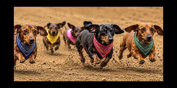 Five dachshunds wearing colorful bandanas run on a dirt track, kicking up dust as they race forward.
