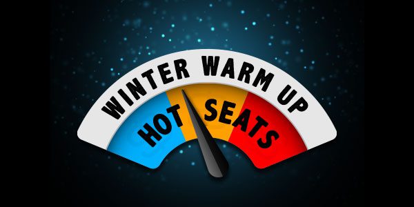 Image of a gauge labeled "Winter Warm Up" with the needle pointing to "Hot Seats," featuring a blue to red gradient background.