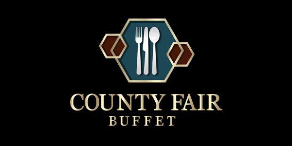 Logo of County Fair Buffet with a fork, knife, and spoon icon within a hexagon, flanked by two brown hexagons on a black background.