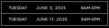 Two white-outlined boxes display event dates: Tuesday, June 3, 2025, and Tuesday, June 17, 2025, both from 9 AM to 5 PM.
