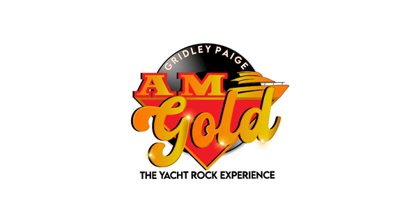 Logo for "Gridley Paige AM Gold", a yacht rock music experience, featuring stylized text and a sunburst graphic.