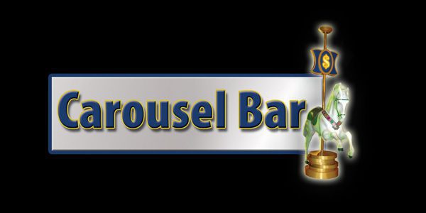 A logo reading "Carousel Bar" with an image of a white carousel horse on the right side. The text is in blue and yellow on a silver background.