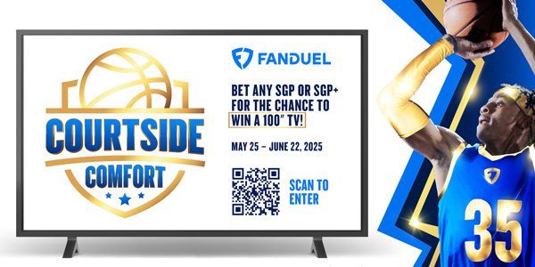 A TV screen displays a FanDuel promotion for a chance to win a 100" TV, alongside a basketball player holding a ball, with a QR code for entry.