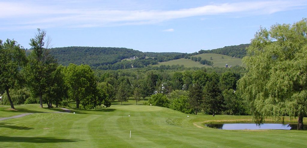 A view of a golf course with trees in the background.