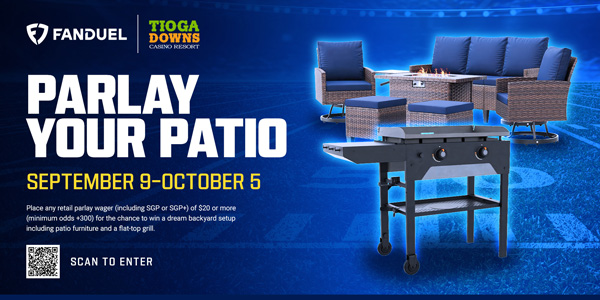 FanDuel Parlay Your Patio promotion ad featuring patio furniture, a flattop grill, and details about a contest running from September 9 to October 5 with a QR code to scan for entry.