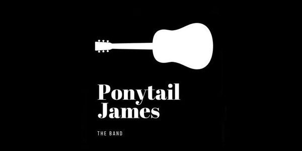 White silhouette of an acoustic guitar and the text “Ponytail James THE BAND” on a black background.